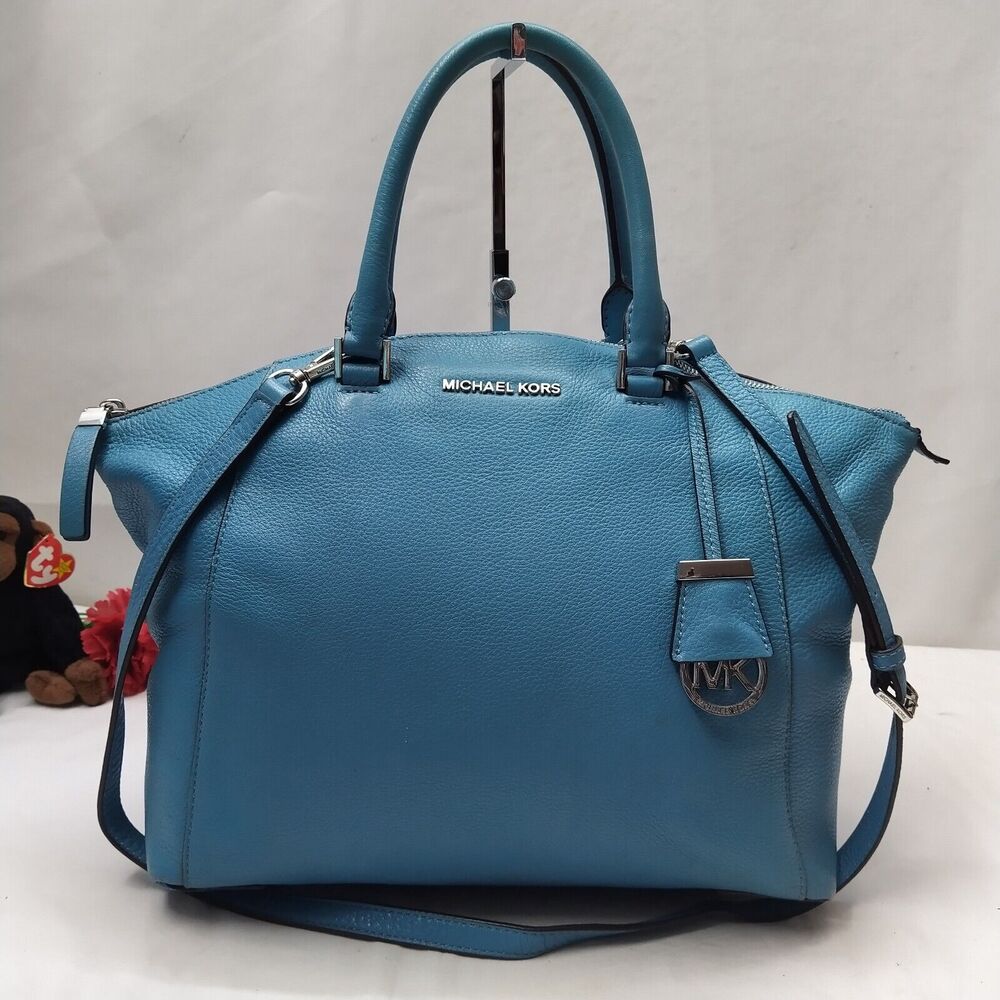 Michael Kors Blue Leather Double Handles Zipper Closure Satchel Bag